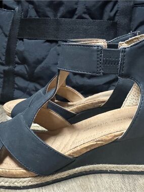 Adrienne Vittadini Black Espadrille Wedge Sandals with Ankle Strap